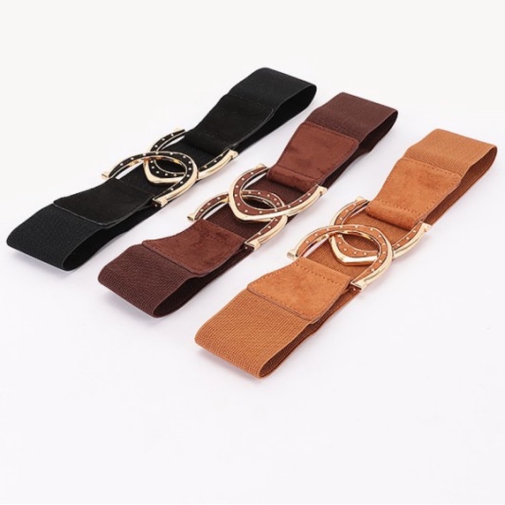 ShopEvelynne Elastic Waist Belt Trio in Black, Brown, Tan with Gold Buckle
